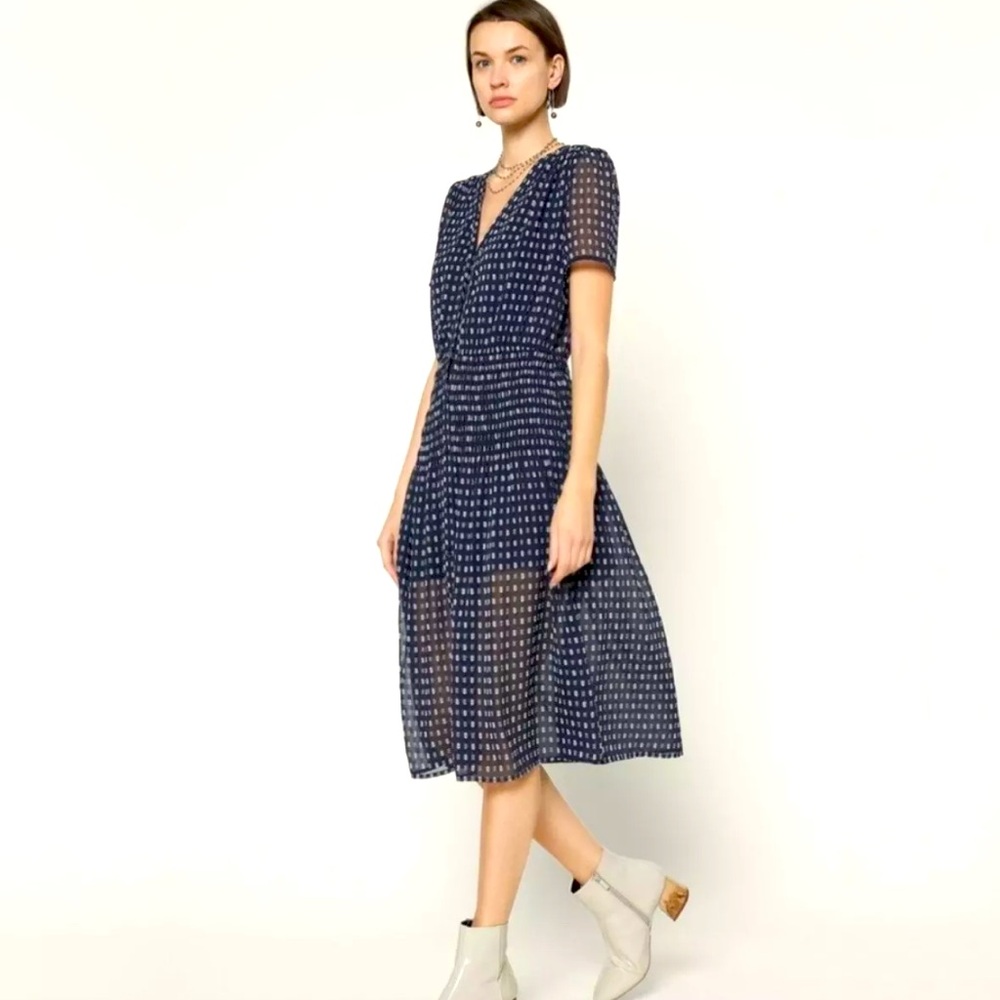 Current Air Short Sleeve Semi-Sheer Polka Dot Midi Shirt Dress